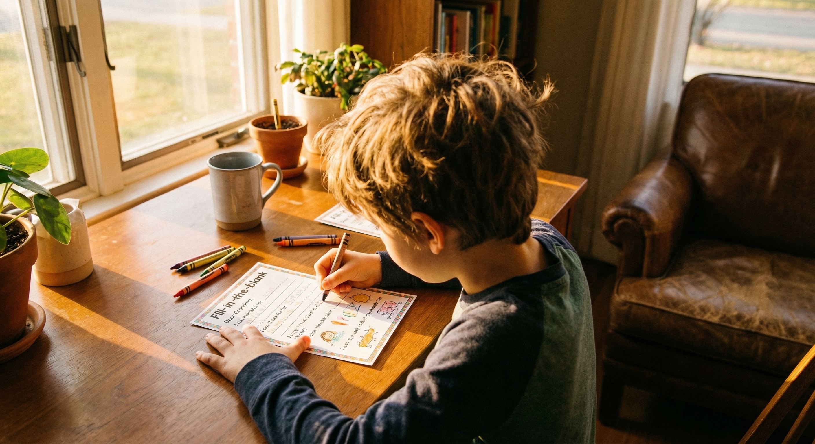 Child writing on a spark card with colorful crayons