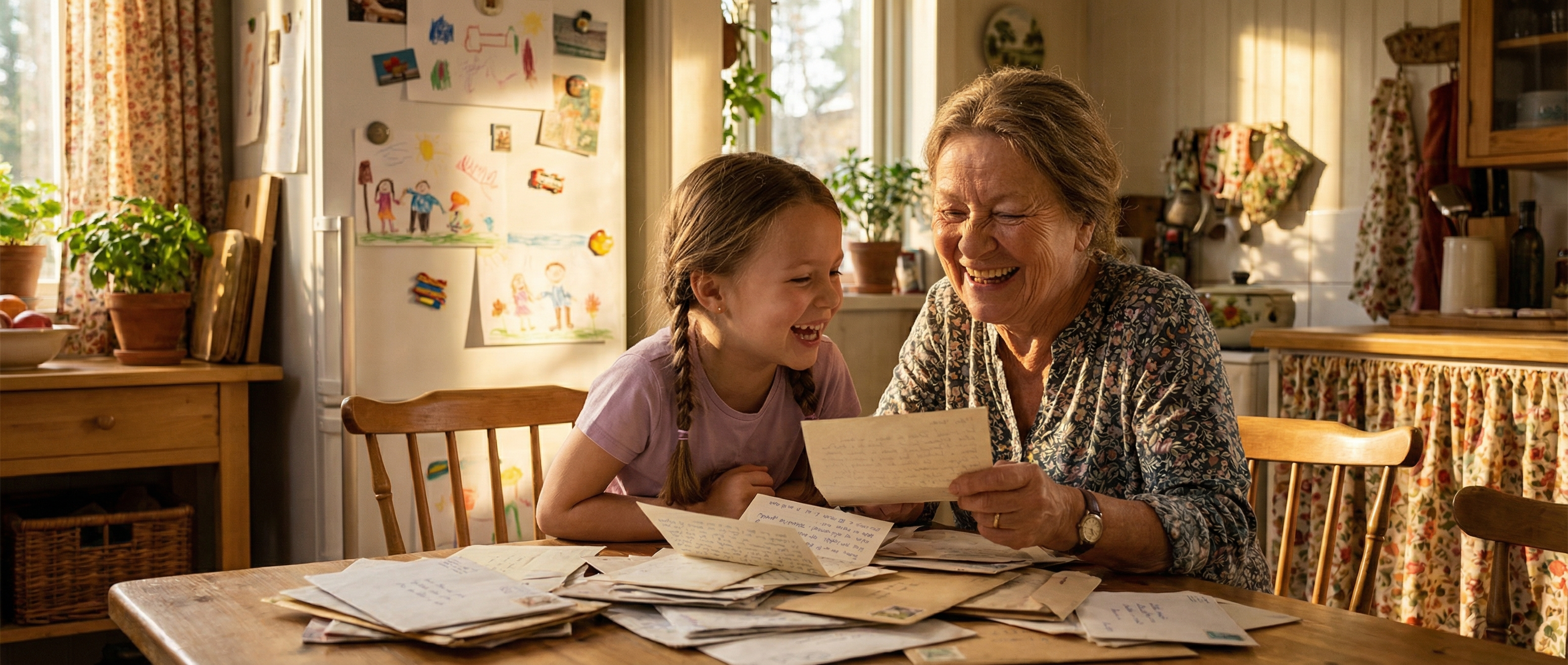 Grandmother and granddaughter laughing together over a handwritten letter
