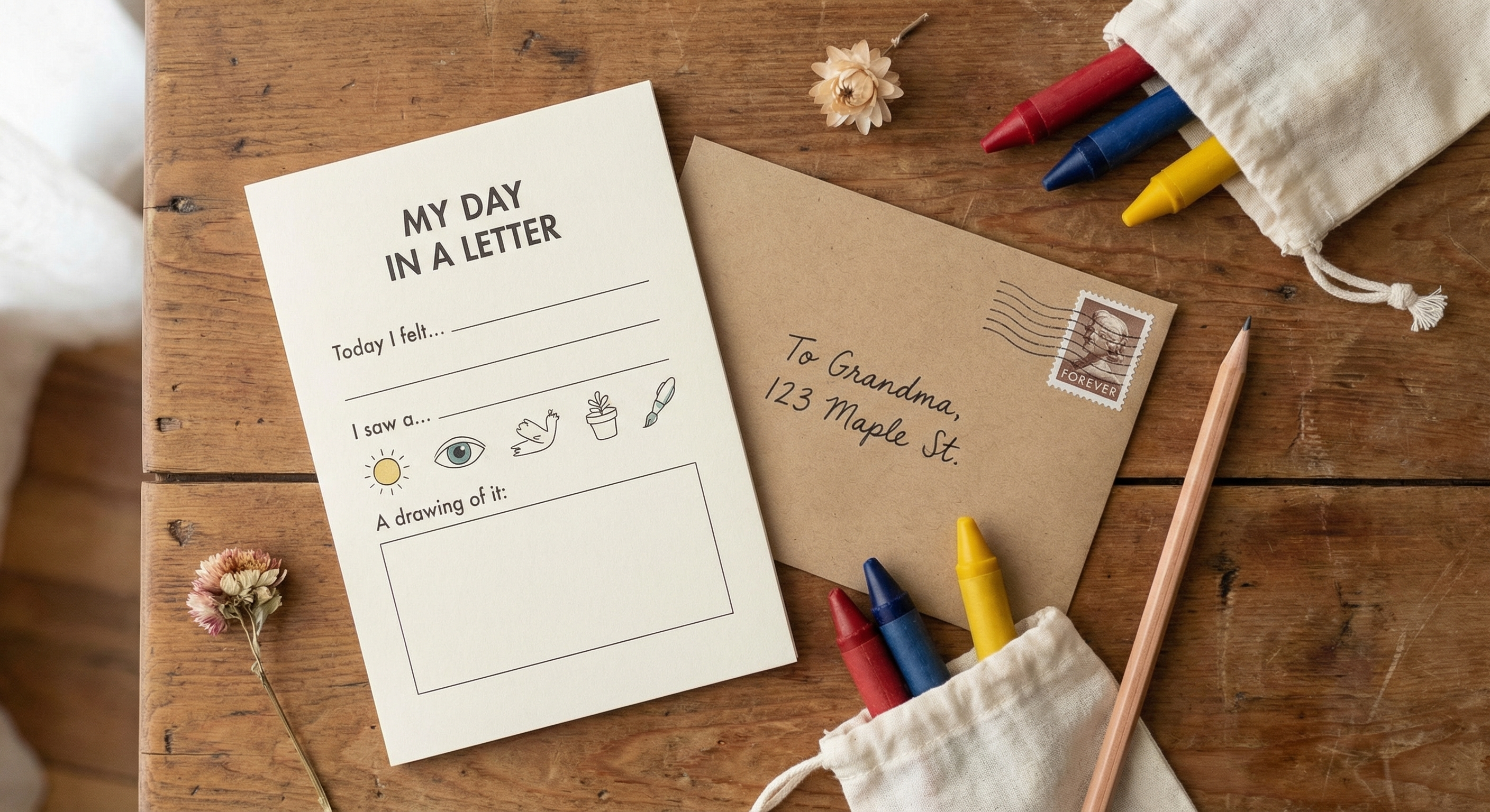 Heartstring kit contents: spark card, stamped envelope, and crayons on a wooden table